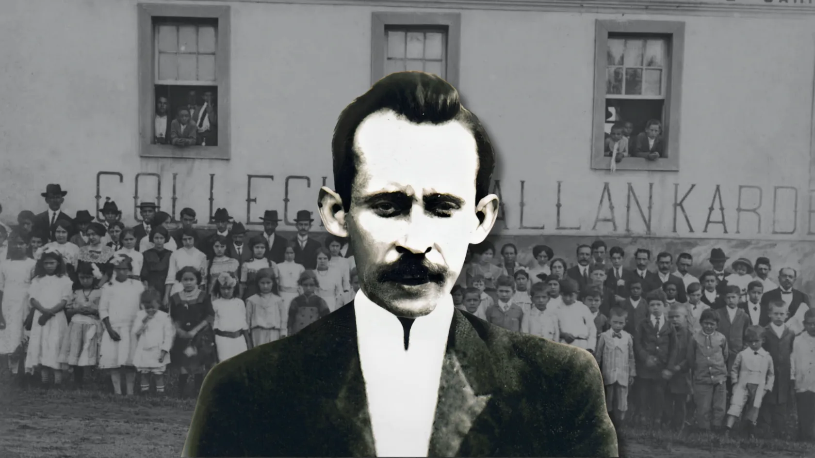 Retrato de Eurípedes Barsanulfo sobre fotografia antiga de alunos diante do Collegio Allan Kardec