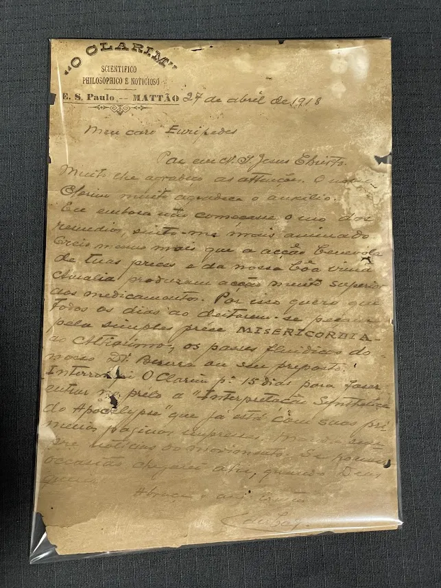 Carta de Cairbar Schutel a Eurípedes Barsanulfo, em 1918